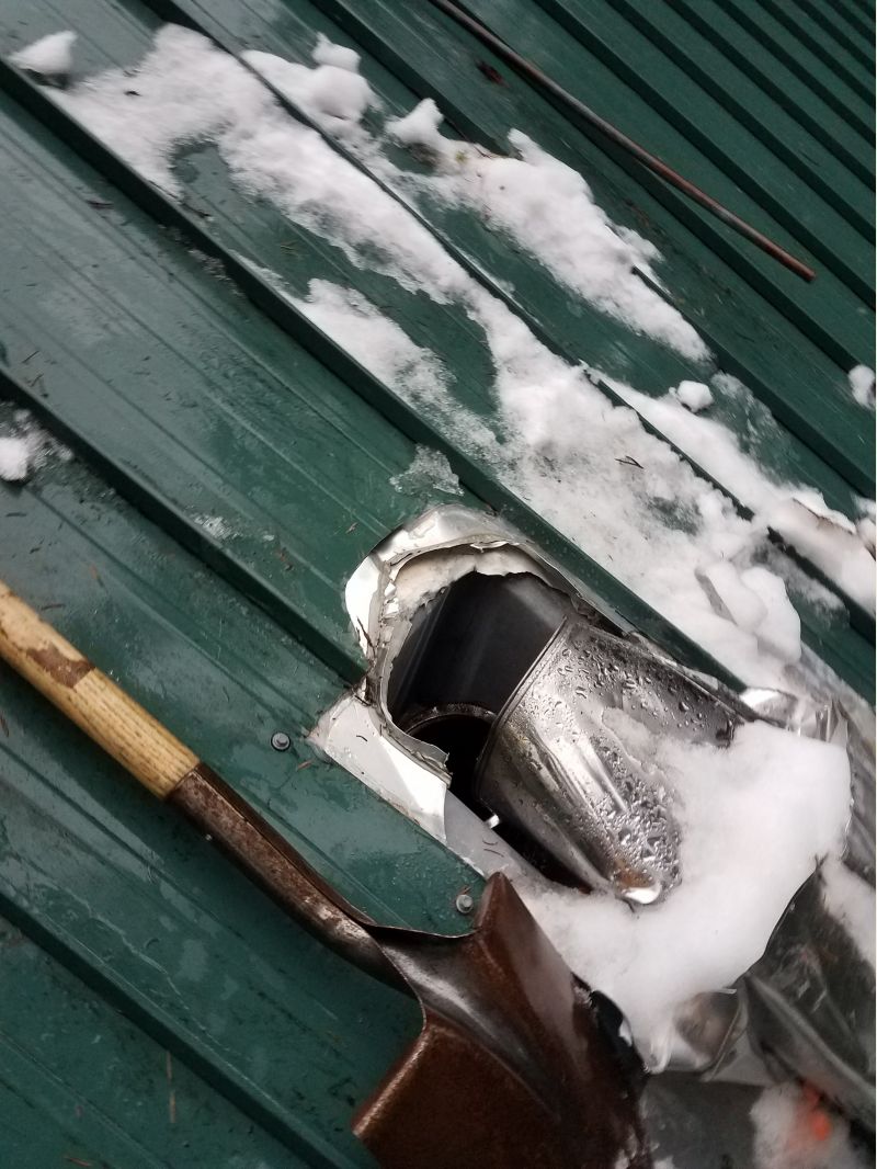 Stove pipe taken out by roof avalanche - Small Cabin Forum