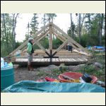 Roof frame pre-built on cabin sub-floor Roof frame pre-built on cabin sub-floor